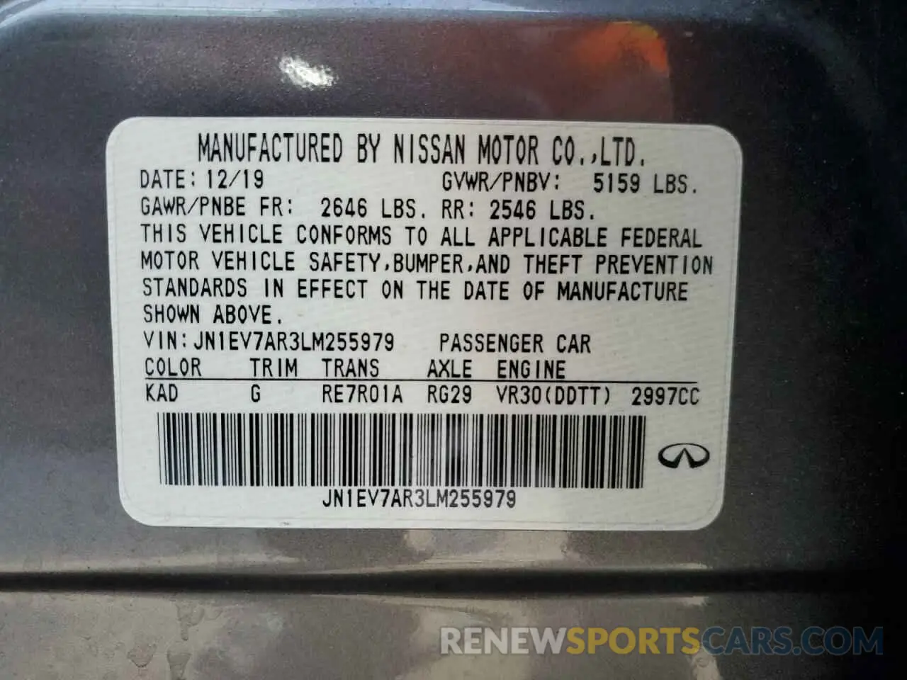 12 Photograph of a damaged car JN1EV7AR3LM255979 INFINITI Q50 2020