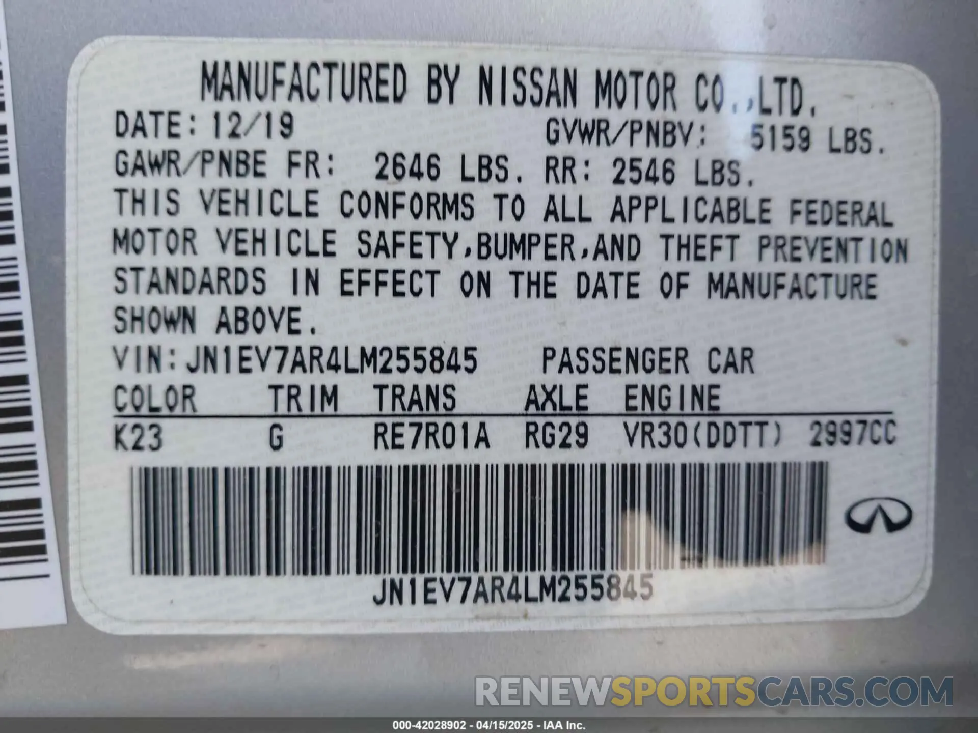 9 Photograph of a damaged car JN1EV7AR4LM255845 INFINITI Q50 2020