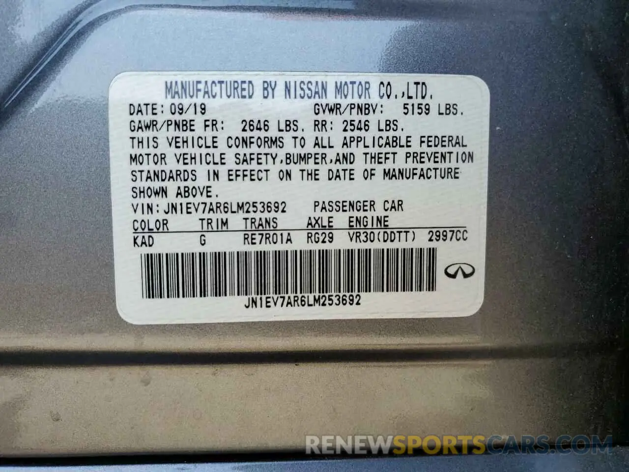 12 Photograph of a damaged car JN1EV7AR6LM253692 INFINITI Q50 2020
