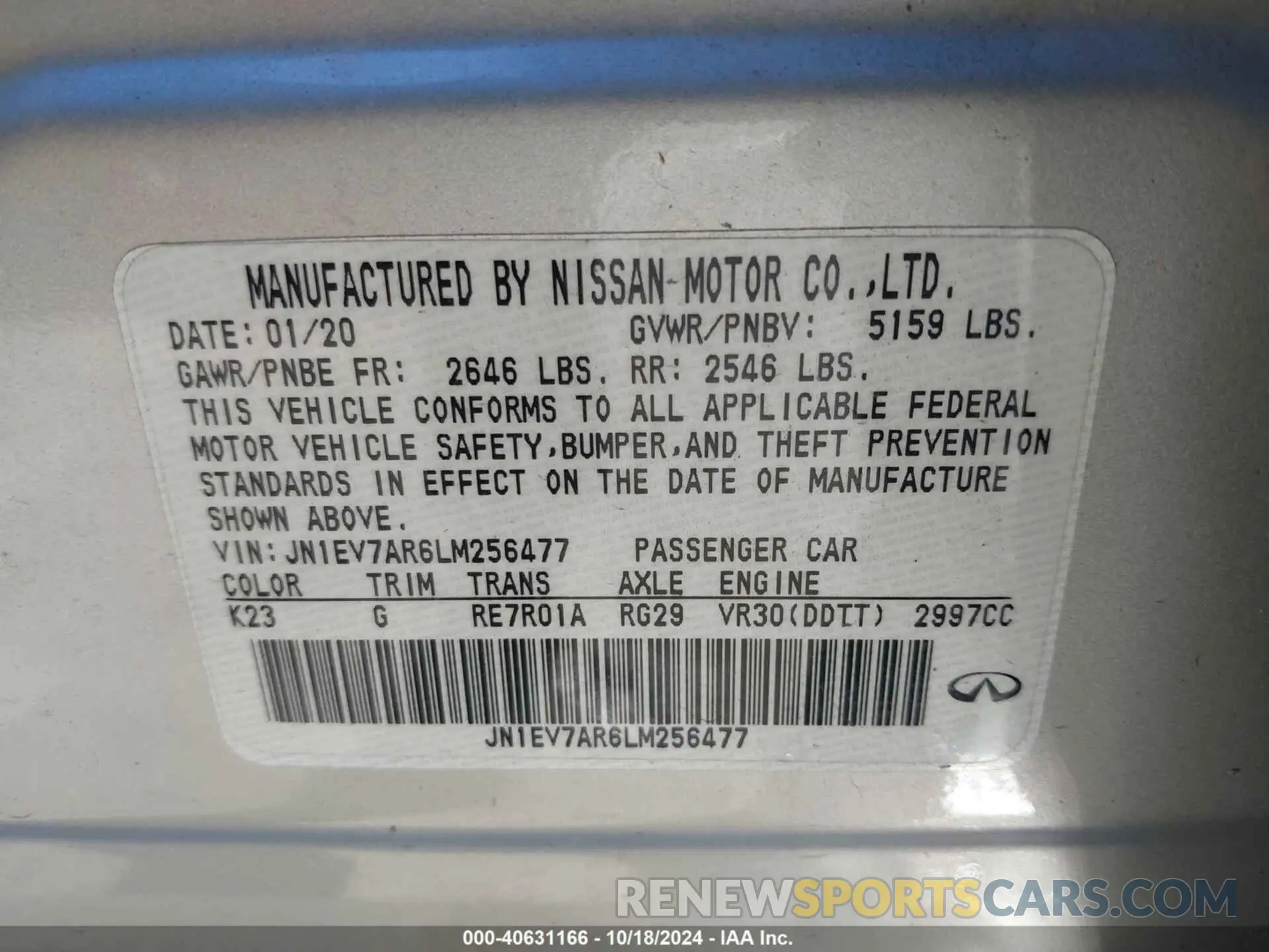 9 Photograph of a damaged car JN1EV7AR6LM256477 INFINITI Q50 2020