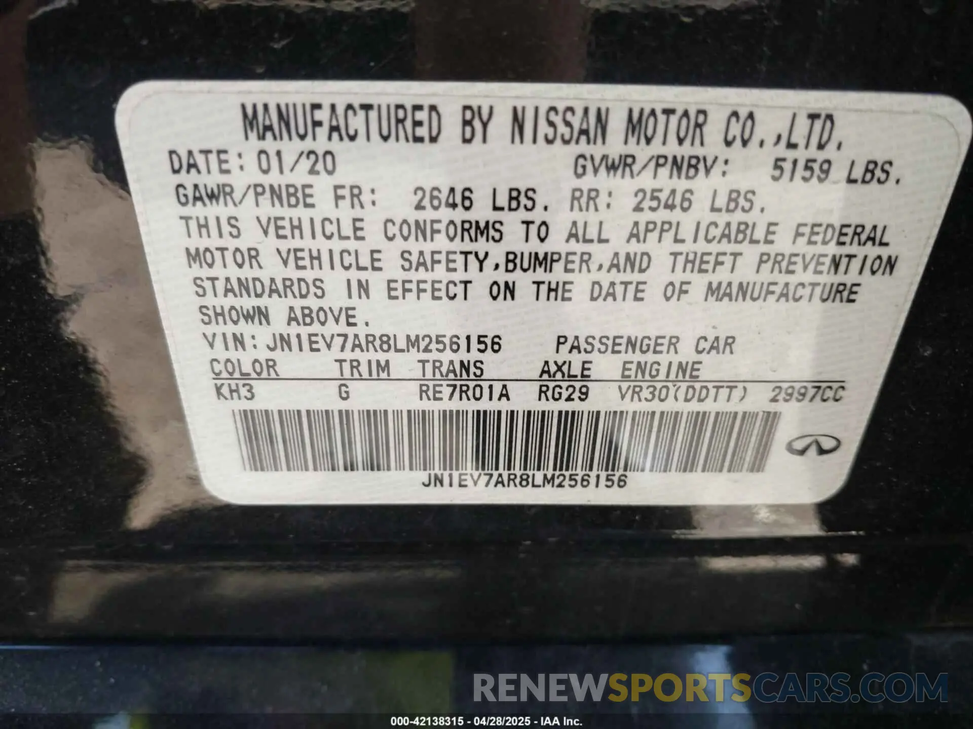 9 Photograph of a damaged car JN1EV7AR8LM256156 INFINITI Q50 2020