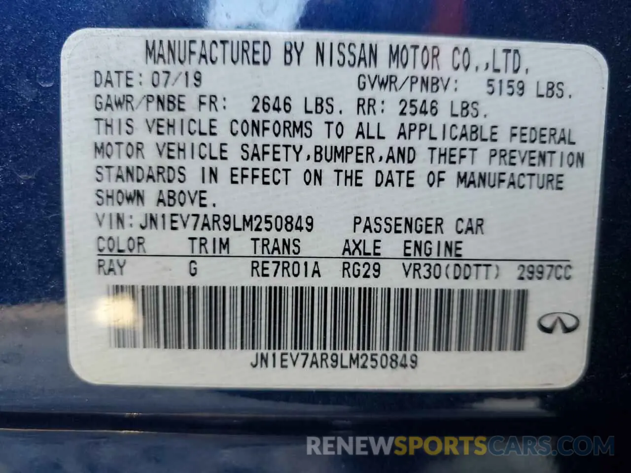 13 Photograph of a damaged car JN1EV7AR9LM250849 INFINITI Q50 2020