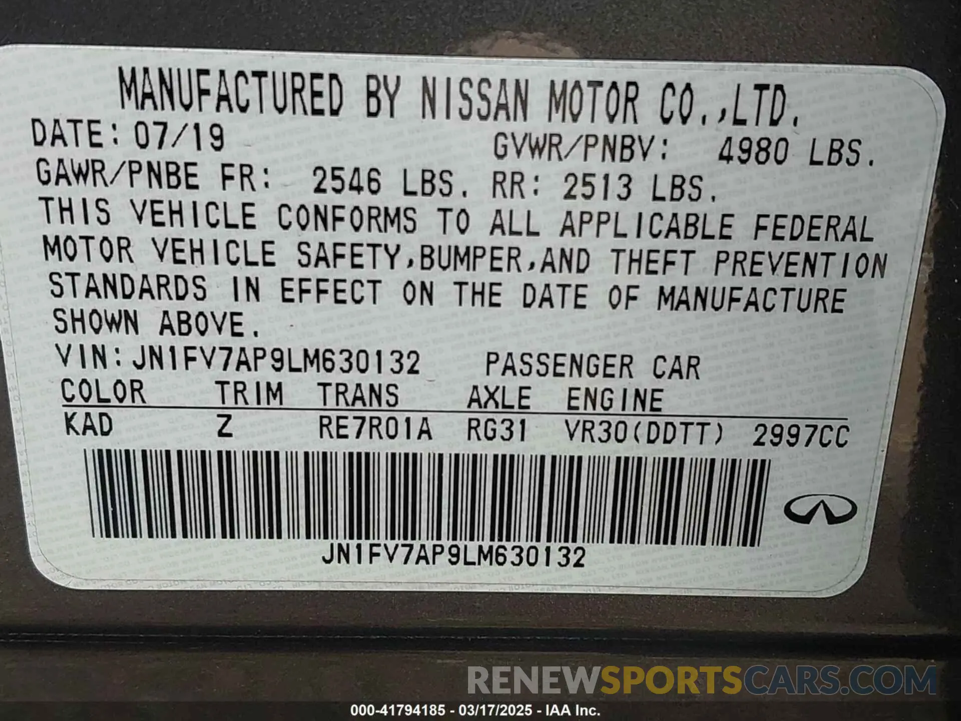 9 Photograph of a damaged car JN1FV7AP9LM630132 INFINITI Q50 2020