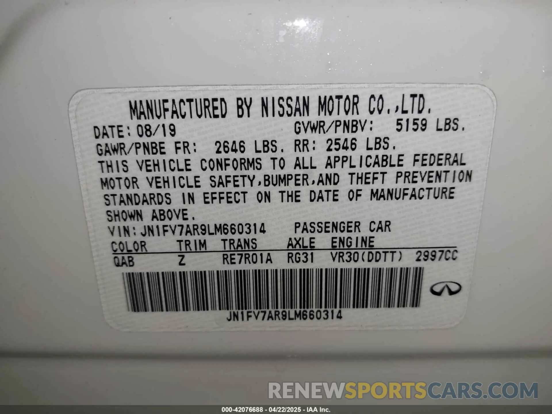 9 Photograph of a damaged car JN1FV7AR9LM660314 INFINITI Q50 2020