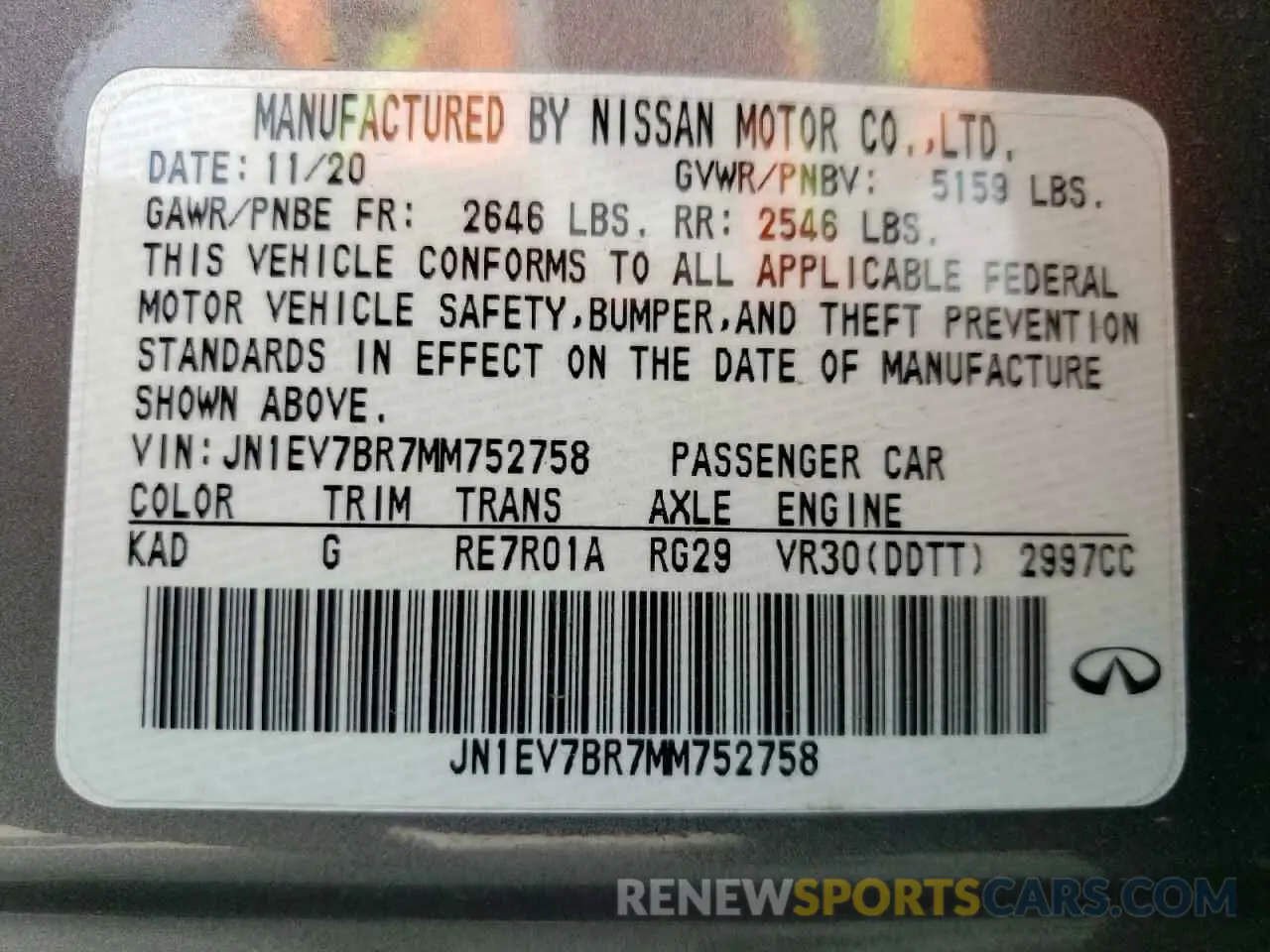 12 Photograph of a damaged car JN1EV7BR7MM752758 INFINITI Q50 2021