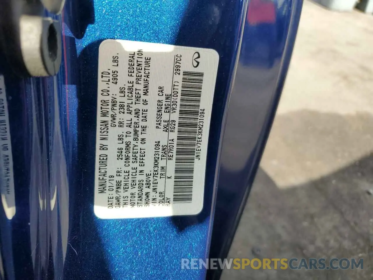 12 Photograph of a damaged car JN1EV7EK3KM231094 INFINITI Q60 2019