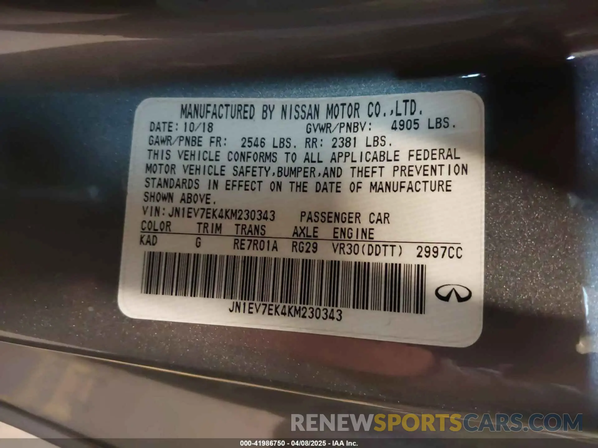 9 Photograph of a damaged car JN1EV7EK4KM230343 INFINITI Q60 2019