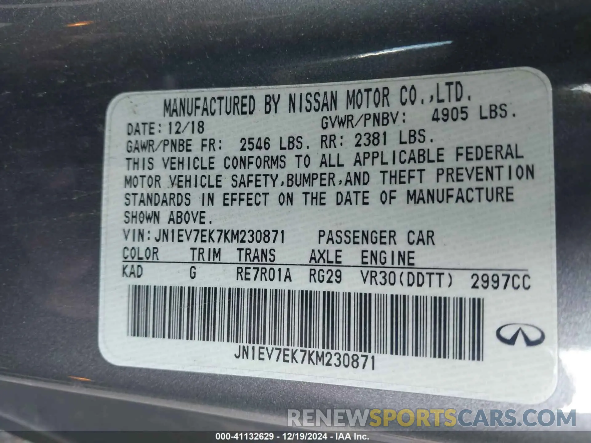 9 Photograph of a damaged car JN1EV7EK7KM230871 INFINITI Q60 2019