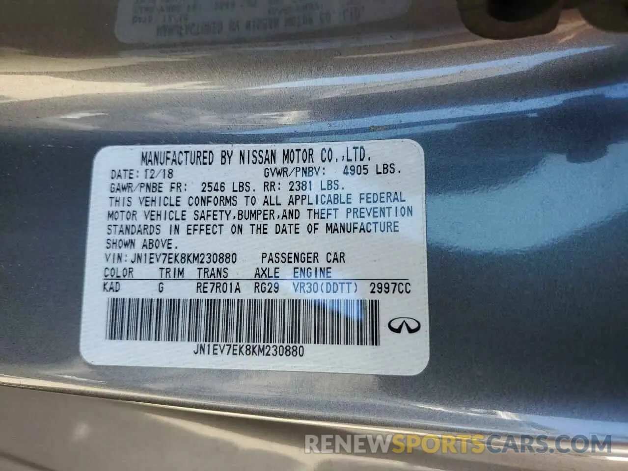 12 Photograph of a damaged car JN1EV7EK8KM230880 INFINITI Q60 2019