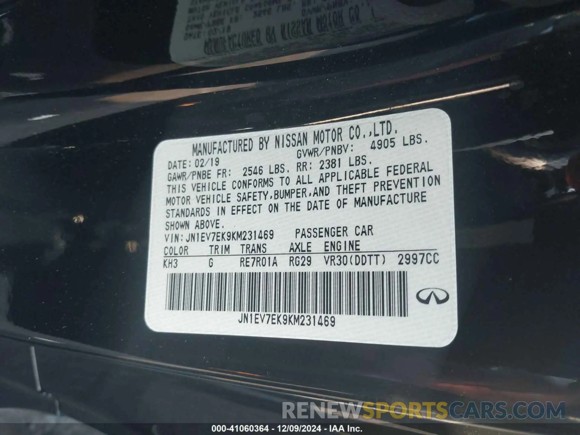 9 Photograph of a damaged car JN1EV7EK9KM231469 INFINITI Q60 2019