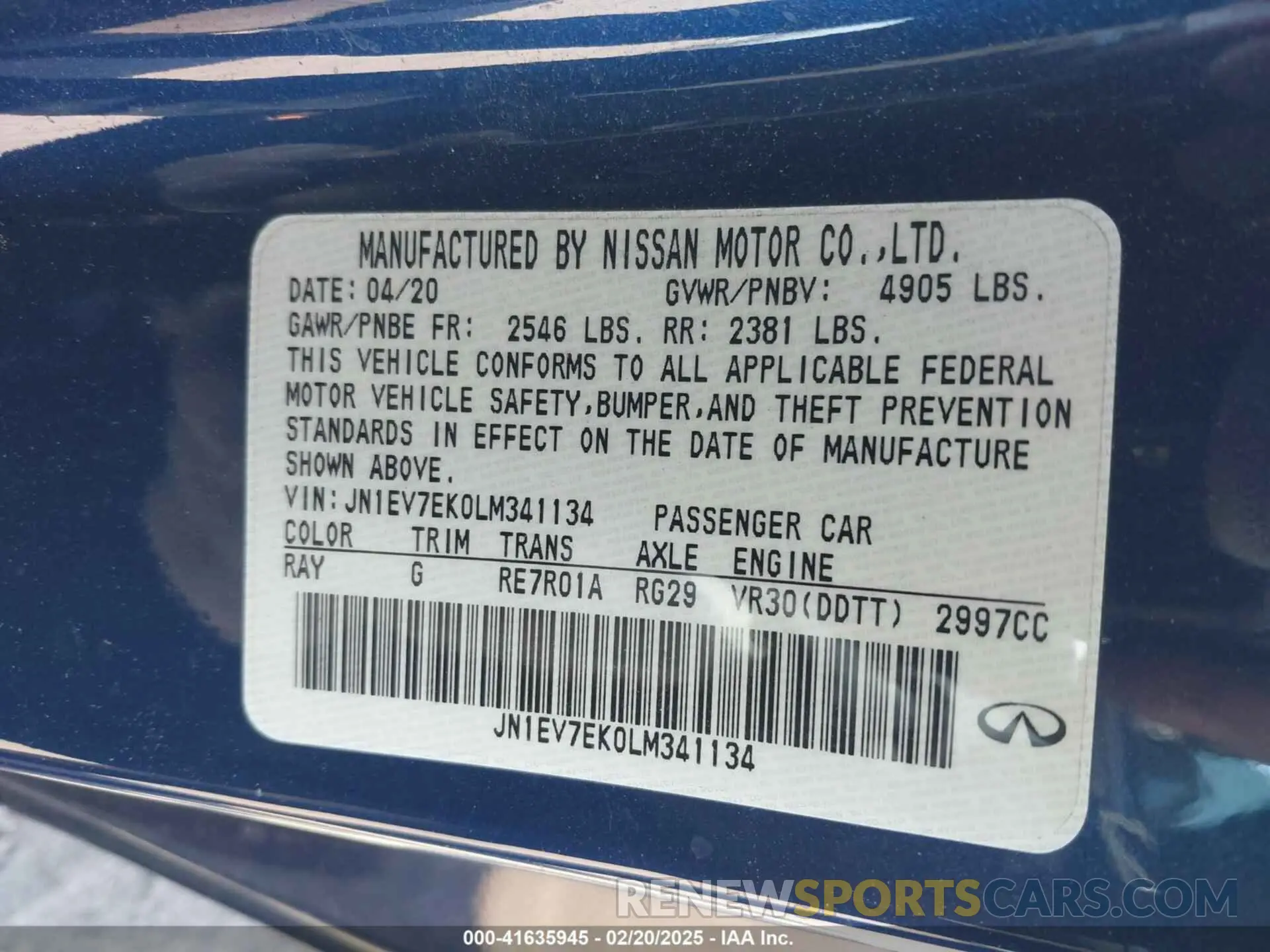 9 Photograph of a damaged car JN1EV7EK0LM341134 INFINITI Q60 2020