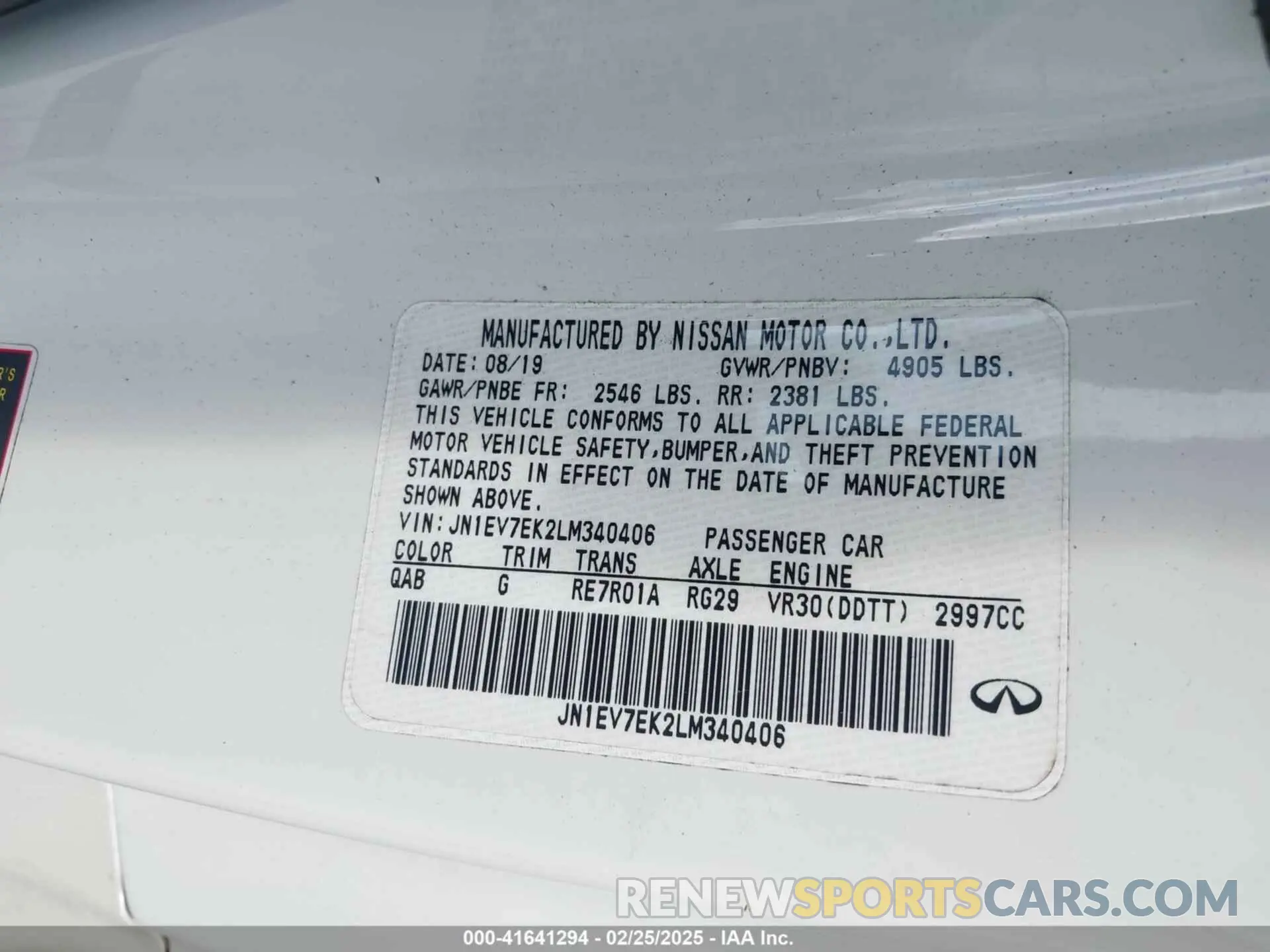 9 Photograph of a damaged car JN1EV7EK2LM340406 INFINITI Q60 2020