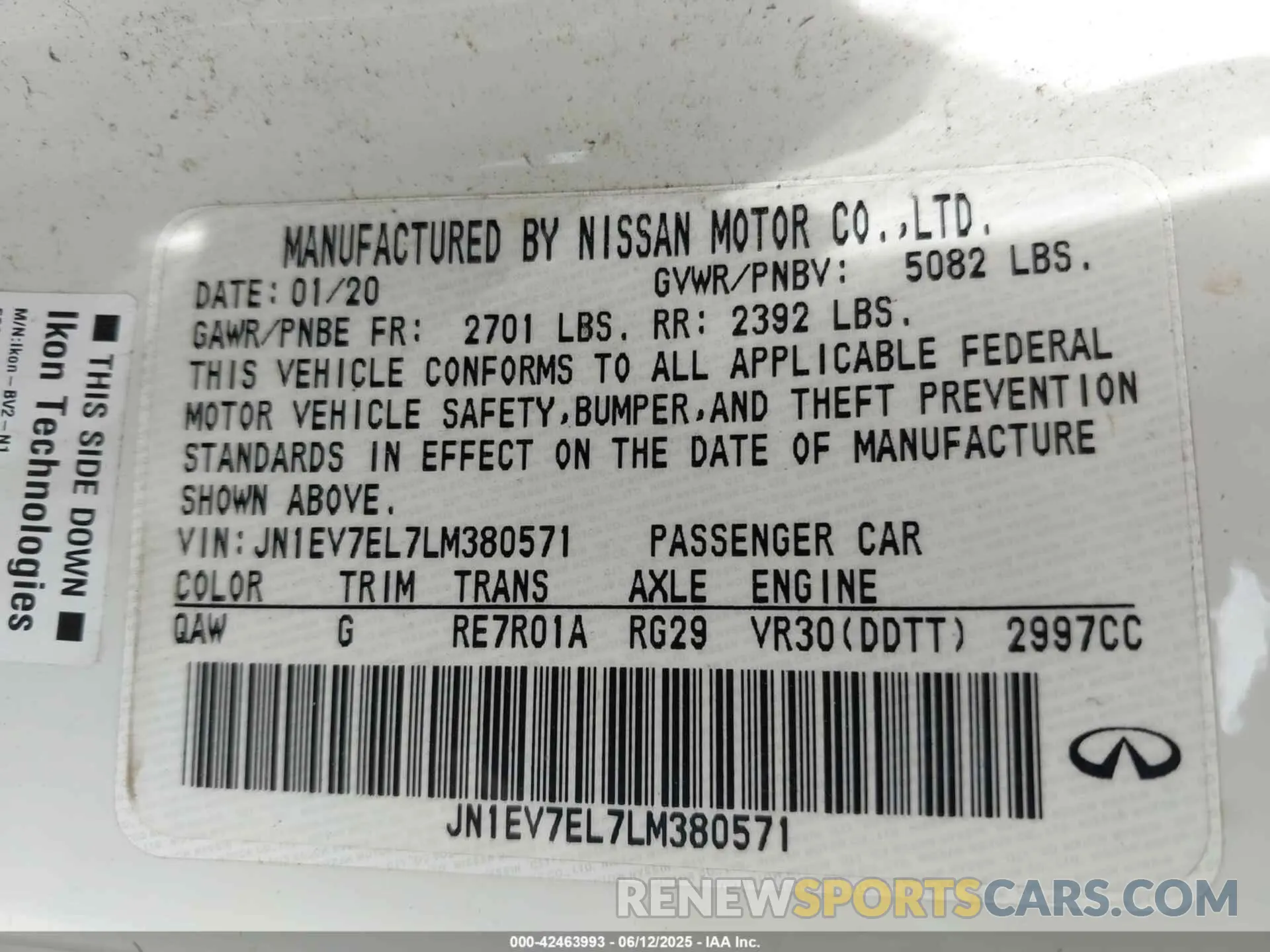 9 Photograph of a damaged car JN1EV7EL7LM380571 INFINITI Q60 2020