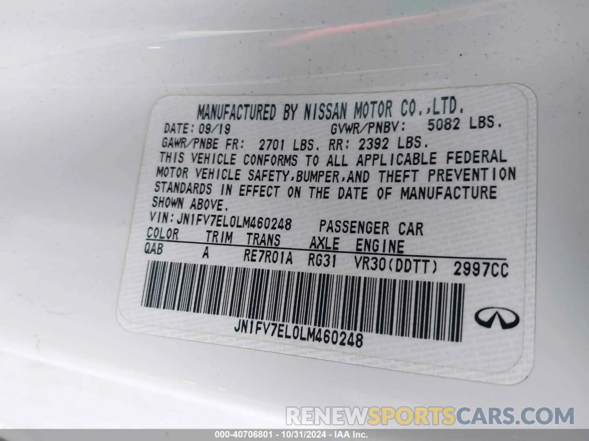 9 Photograph of a damaged car JN1FV7EL0LM460248 INFINITI Q60 2020