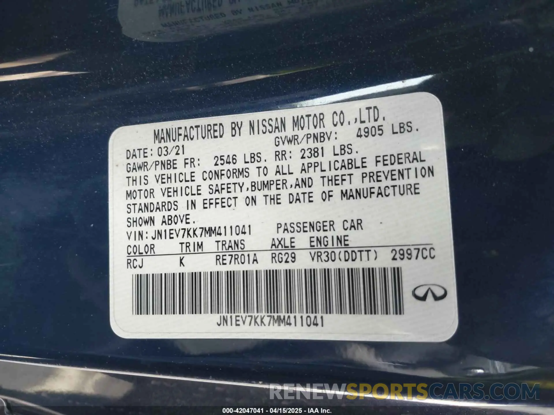 9 Photograph of a damaged car JN1EV7KK7MM411041 INFINITI Q60 2021