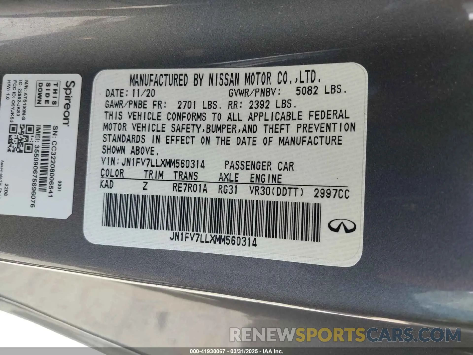 9 Photograph of a damaged car JN1FV7LLXMM560314 INFINITI Q60 2021