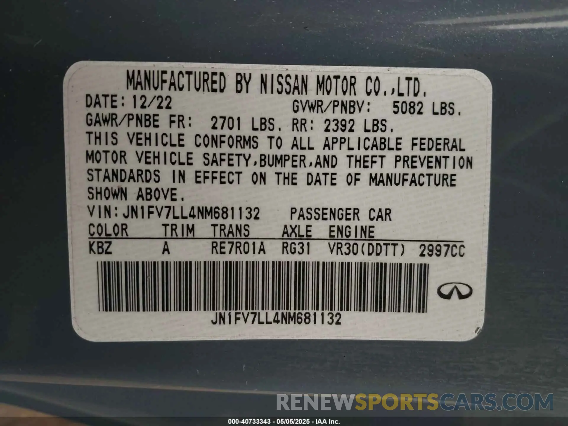 9 Photograph of a damaged car JN1FV7LL4NM681132 INFINITI Q60 2022