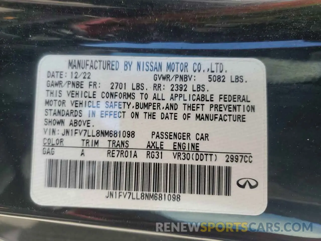 12 Photograph of a damaged car JN1FV7LL8NM681098 INFINITI Q60 2022