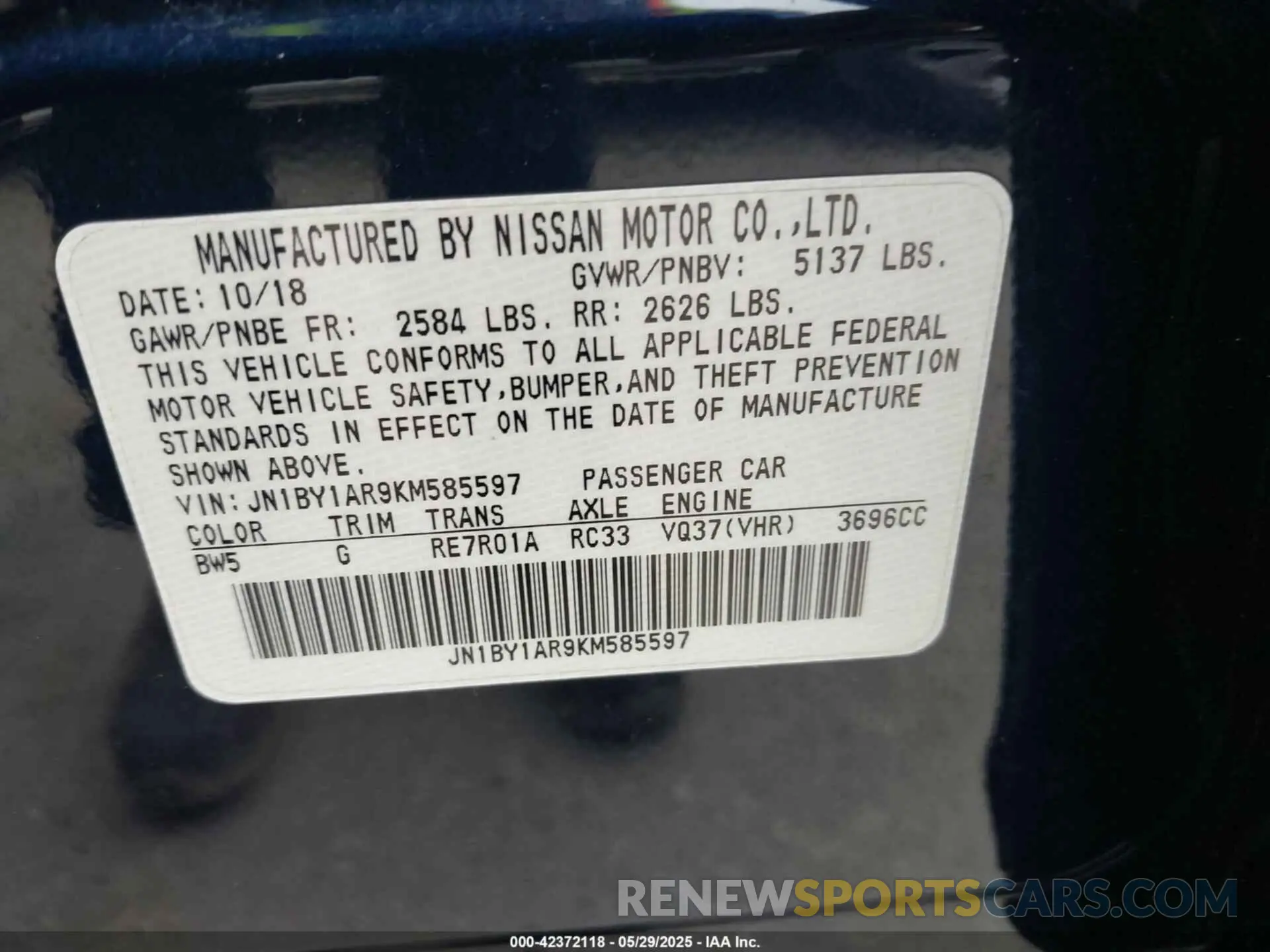 9 Photograph of a damaged car JN1BY1AR9KM585597 INFINITI Q70 2019