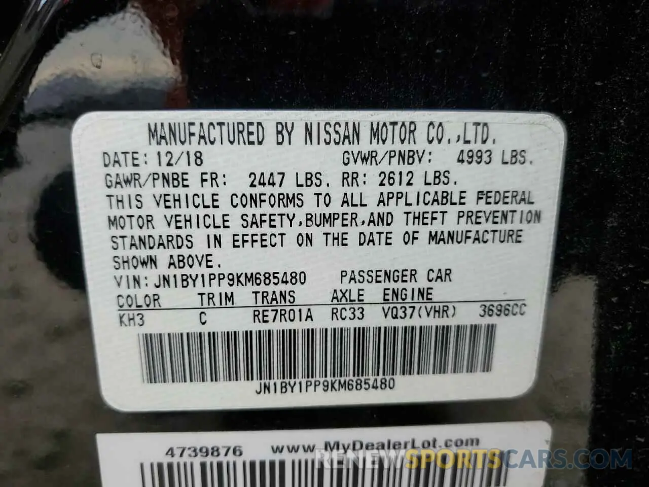 12 Photograph of a damaged car JN1BY1PP9KM685480 INFINITI Q70 2019
