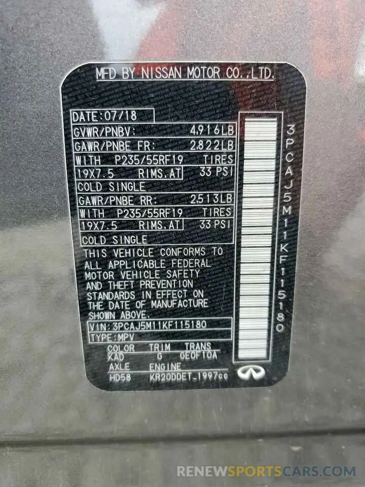 14 Photograph of a damaged car 3PCAJ5M11KF115180 INFINITI QX50 2019