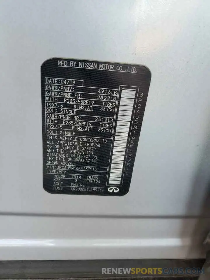 13 Photograph of a damaged car 3PCAJ5M16KF137515 INFINITI QX50 2019