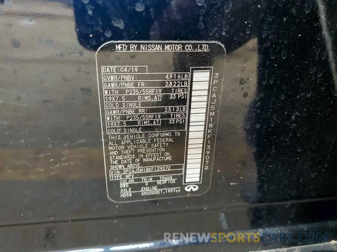 15 Photograph of a damaged car 3PCAJ5M18KF139072 INFINITI QX50 2019