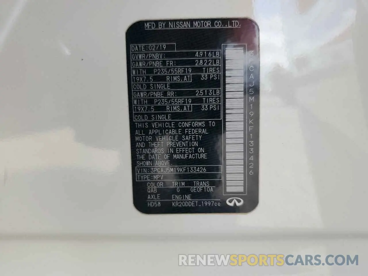 14 Photograph of a damaged car 3PCAJ5M19KF133426 INFINITI QX50 2019