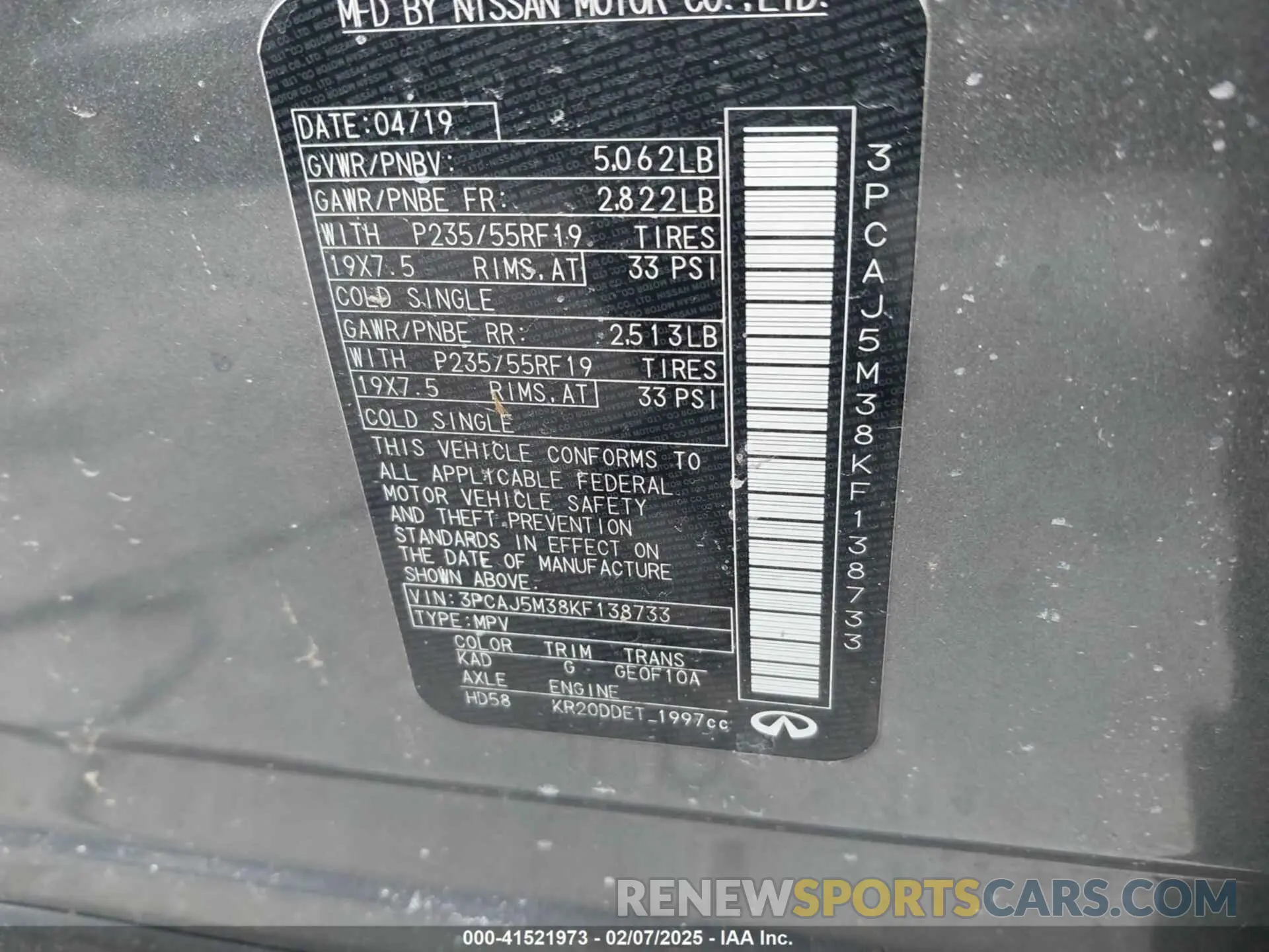 9 Photograph of a damaged car 3PCAJ5M38KF138733 INFINITI QX50 2019