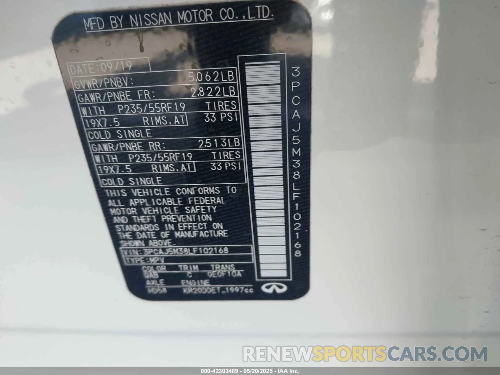9 Photograph of a damaged car 3PCAJ5M38LF102168 INFINITI QX50 2020