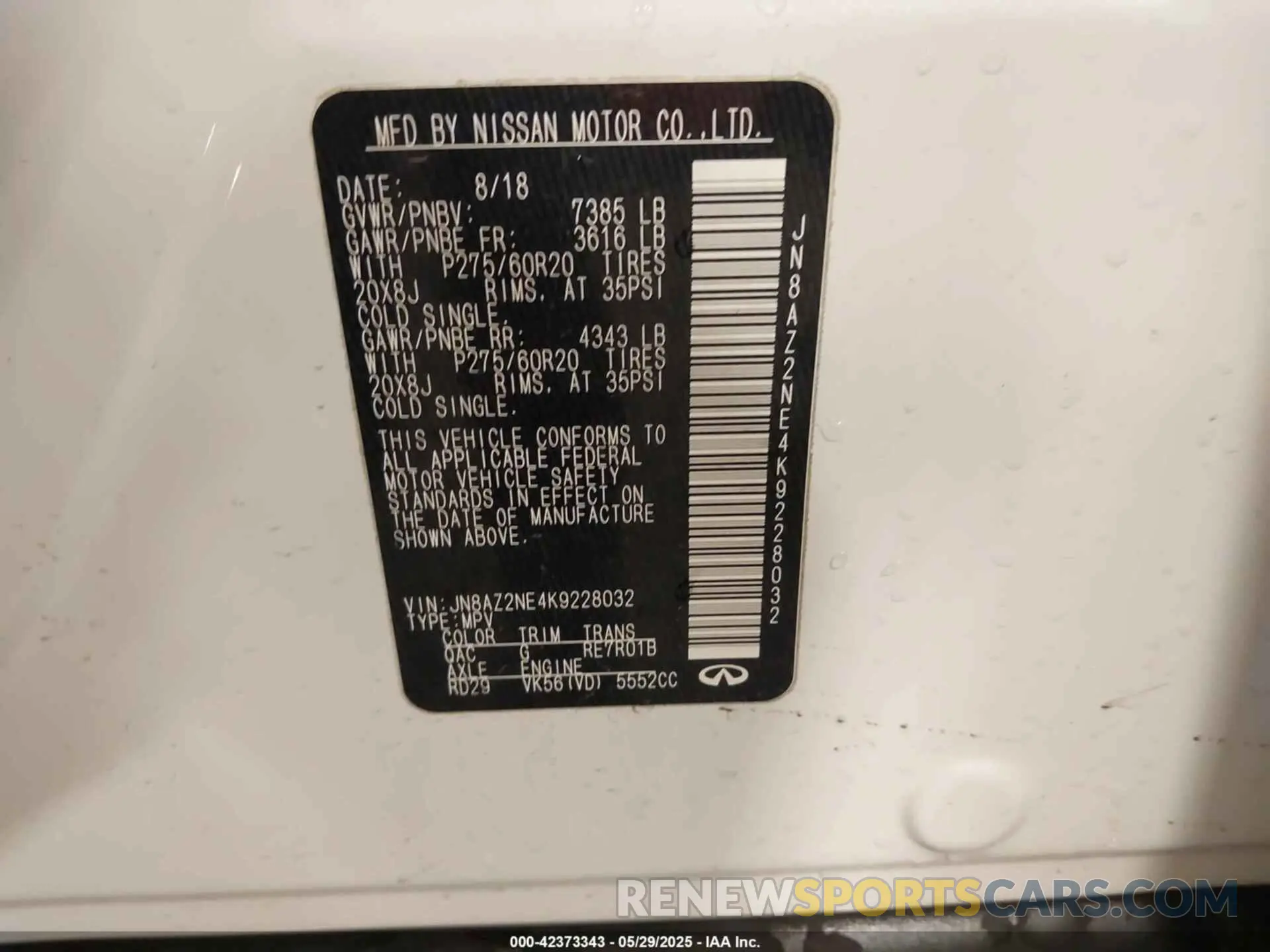 9 Photograph of a damaged car JN8AZ2NE4K9228032 INFINITI QX80 2019