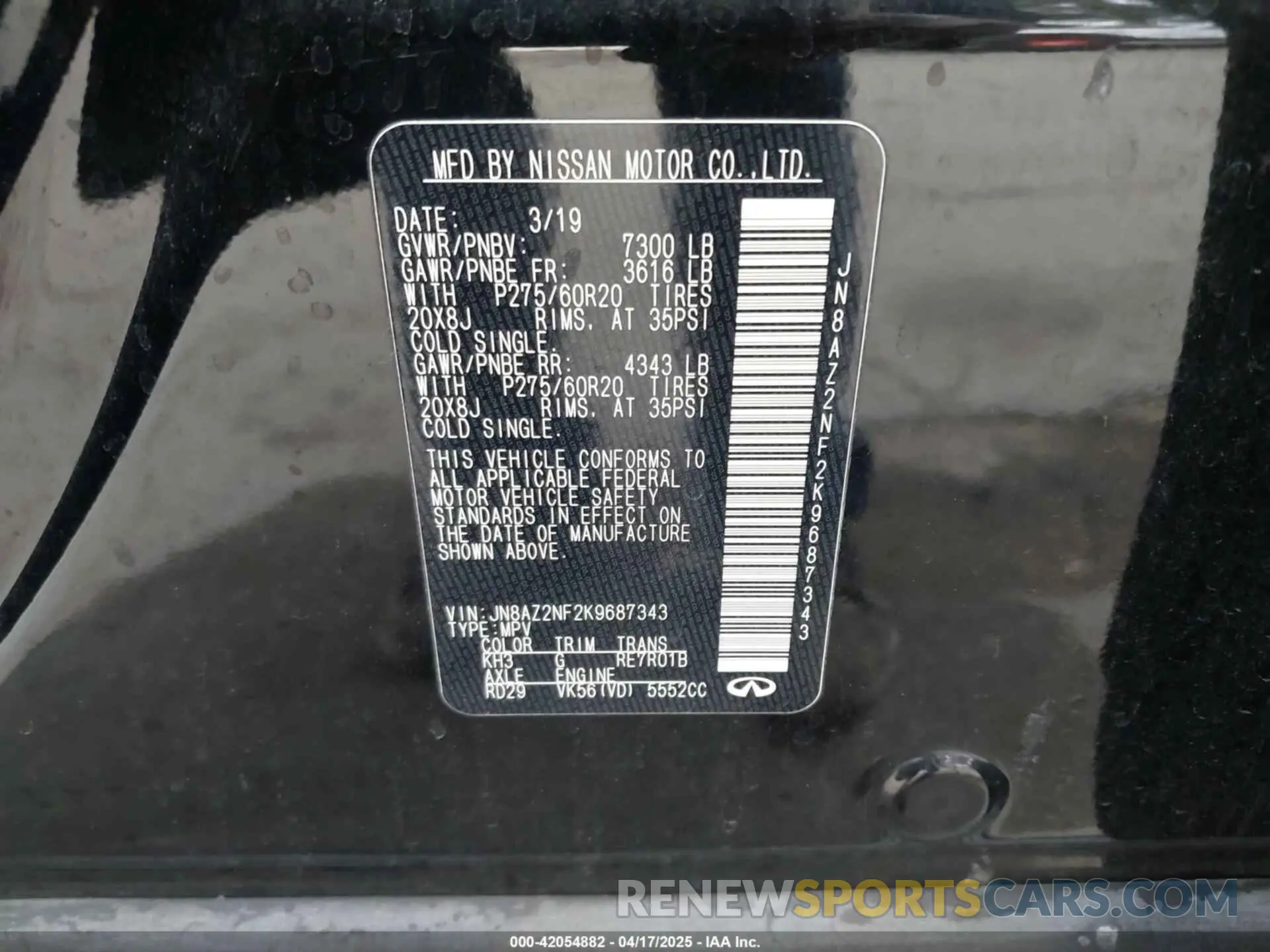 9 Photograph of a damaged car JN8AZ2NF2K9687343 INFINITI QX80 2019