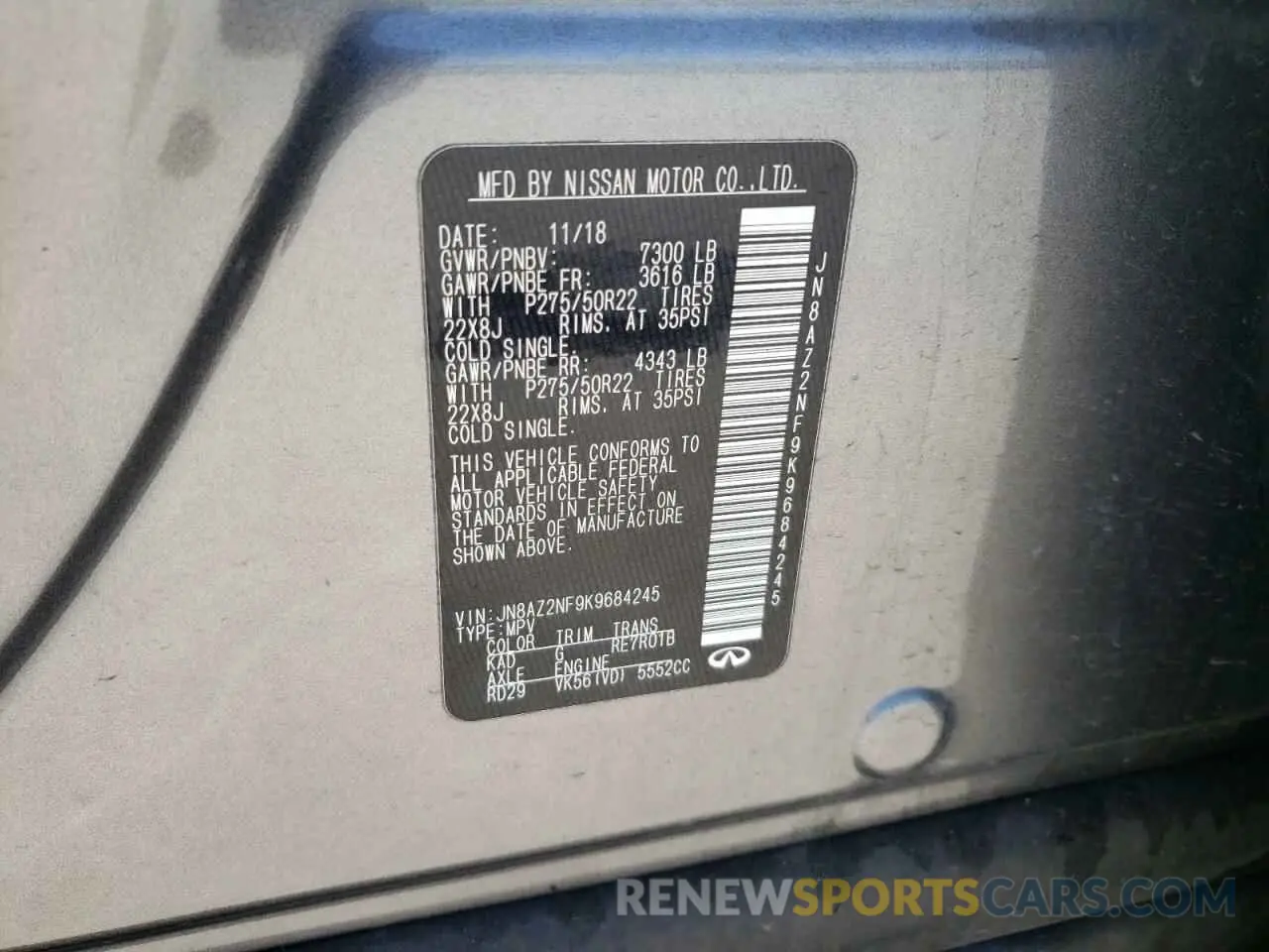 14 Photograph of a damaged car JN8AZ2NF9K9684245 INFINITI QX80 2019
