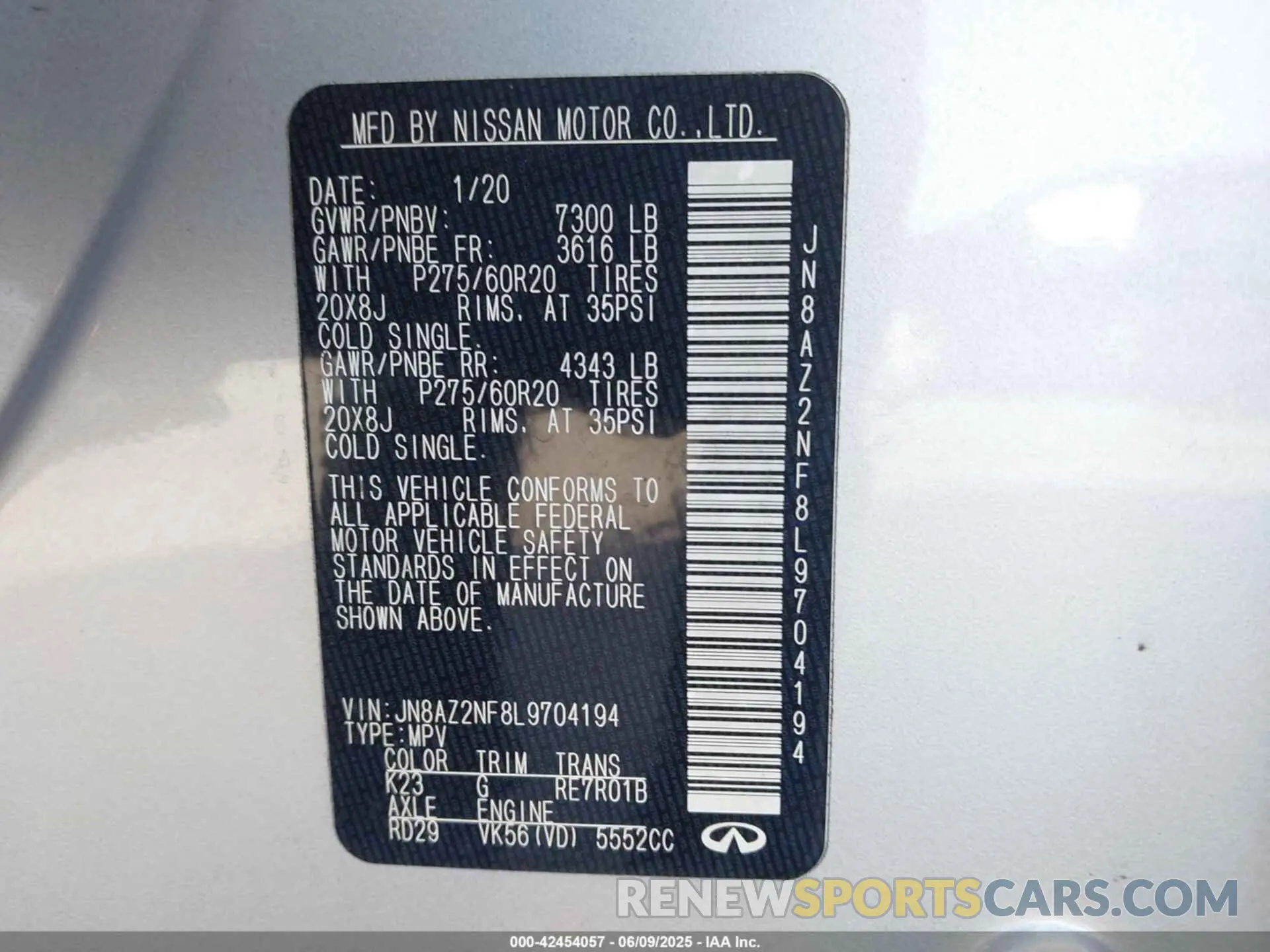 9 Photograph of a damaged car JN8AZ2NF8L9704194 INFINITI QX80 2020