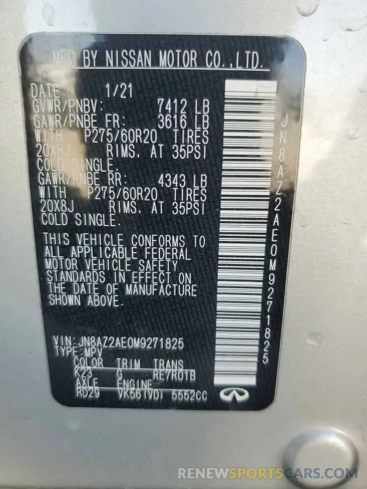 14 Photograph of a damaged car JN8AZ2AE0M9271825 INFINITI QX80 2021