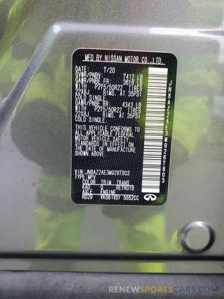 14 Photograph of a damaged car JN8AZ2AE3M9267803 INFINITI QX80 2021