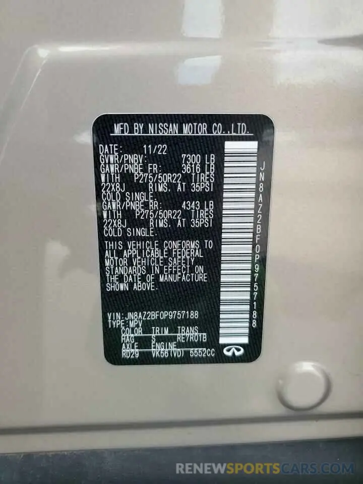 15 Photograph of a damaged car JN8AZ2BF0P9757188 INFINITI QX80 SENSO 2023