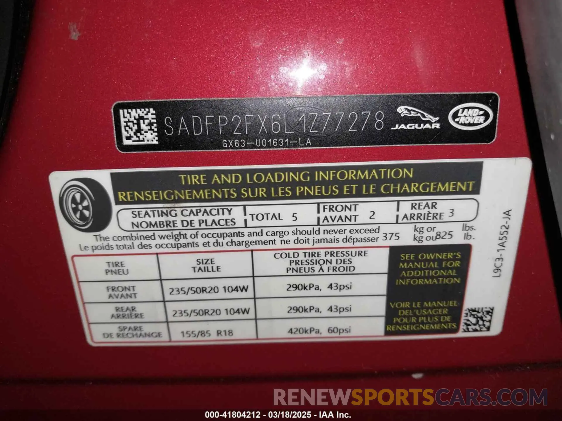 18 Photograph of a damaged car SADFP2FX6L1Z77278 JAGUAR E-PACE 2020