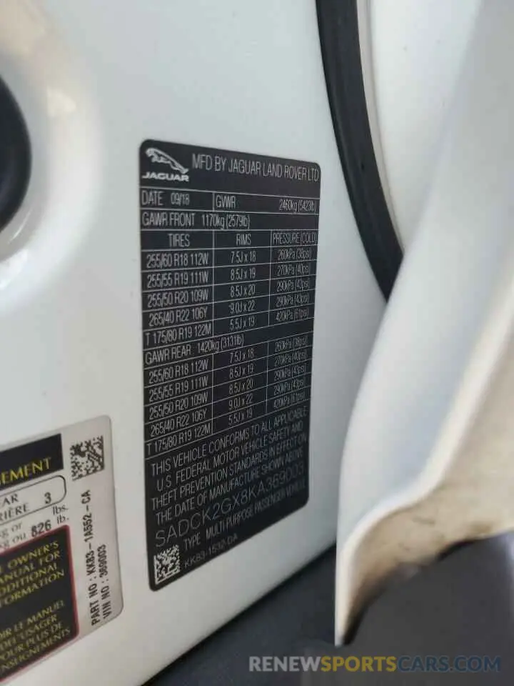 13 Photograph of a damaged car SADCK2GX8KA369003 JAGUAR F-PACE 2019