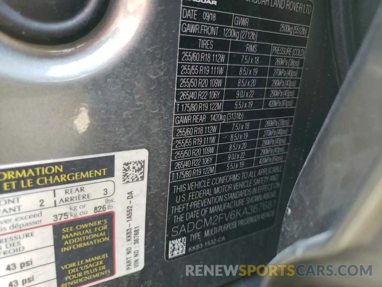 13 Photograph of a damaged car SADCM2FV6KA367681 JAGUAR F-PACE 2019
