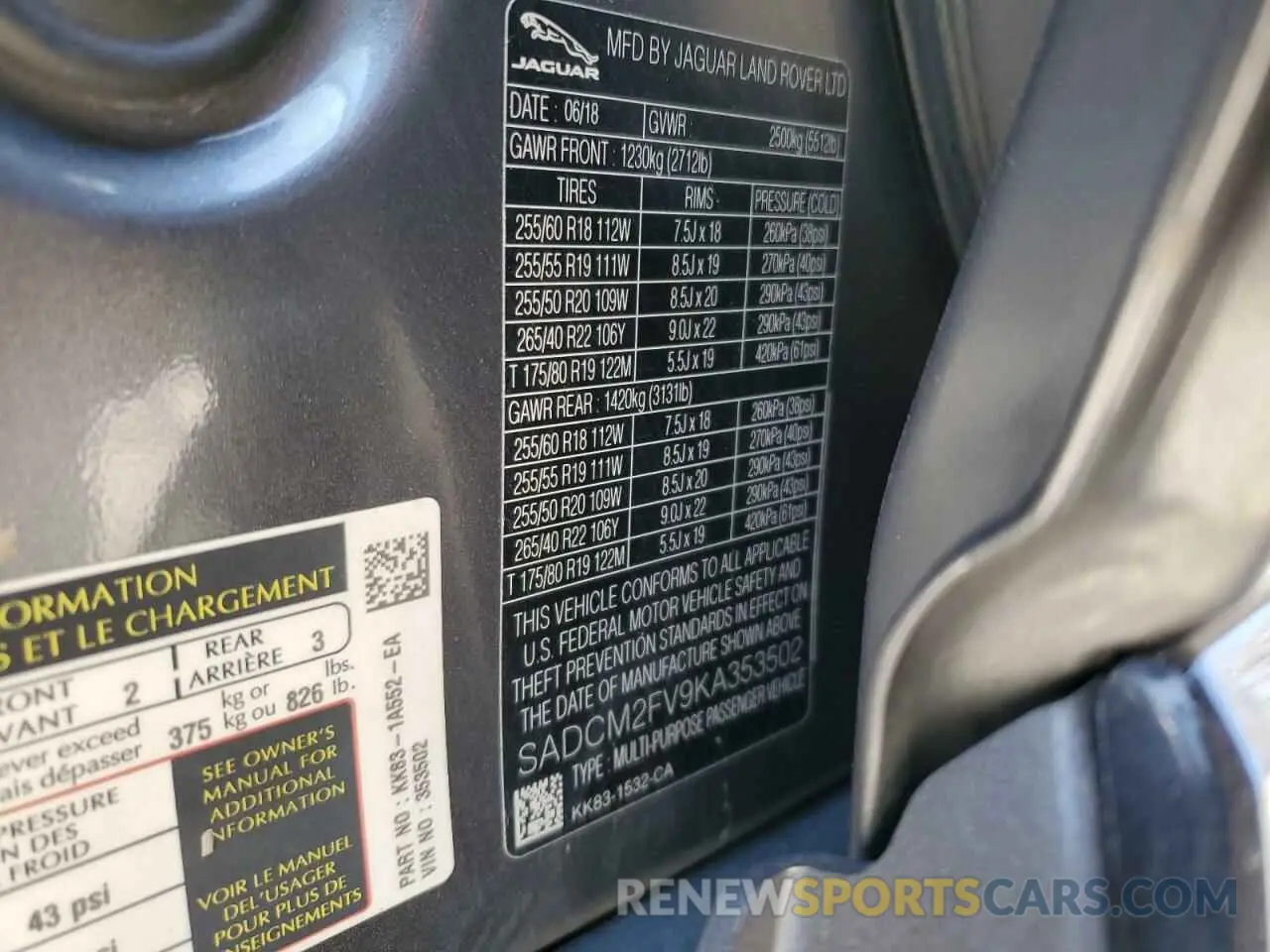 14 Photograph of a damaged car SADCM2FV9KA353502 JAGUAR F-PACE 2019