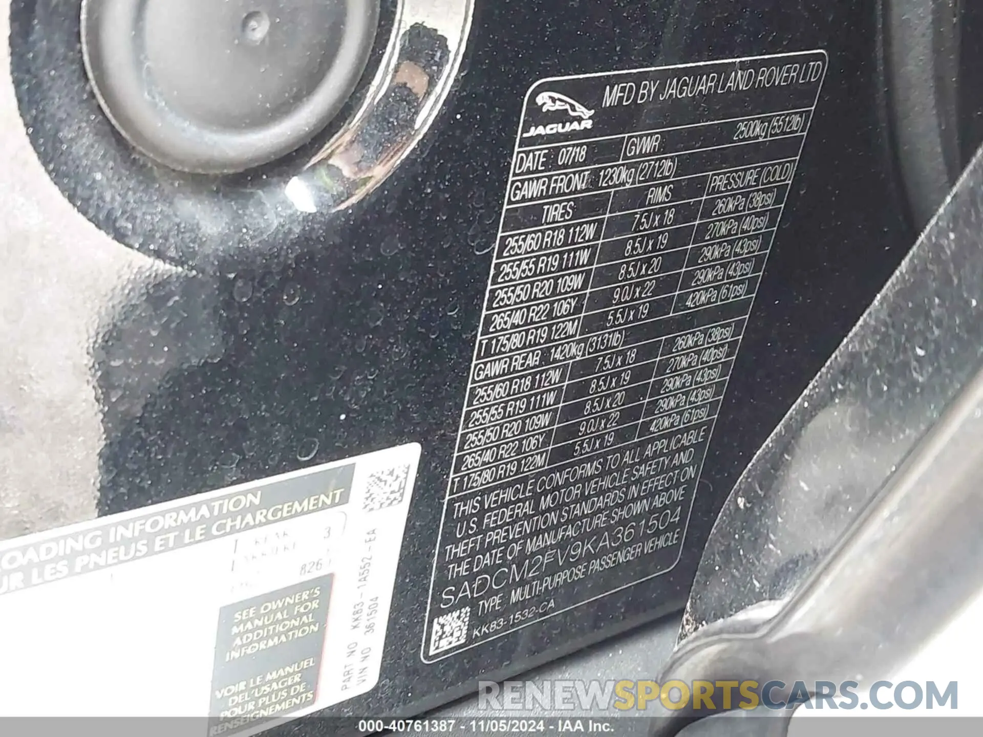 9 Photograph of a damaged car SADCM2FV9KA361504 JAGUAR F-PACE 2019