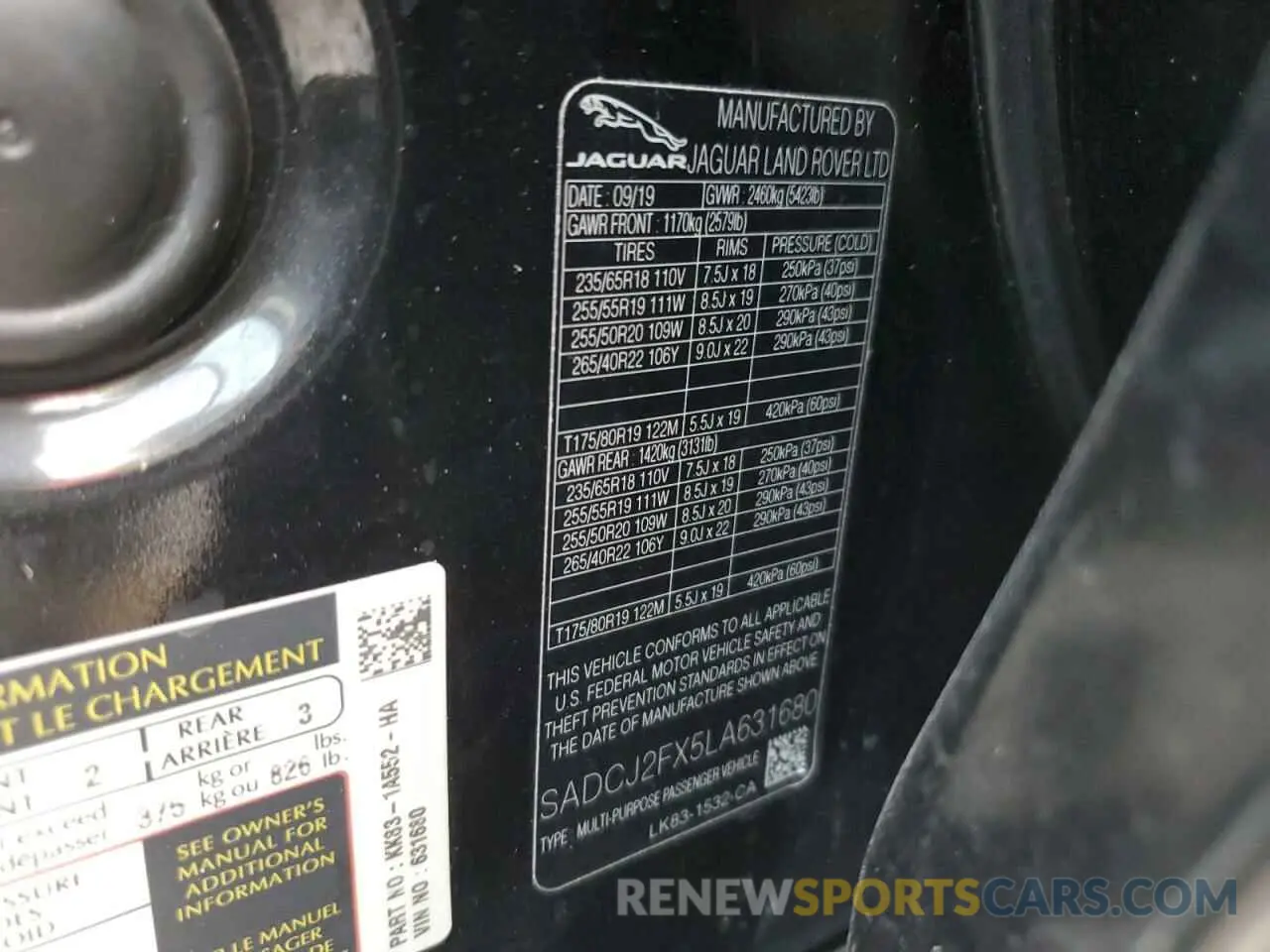 14 Photograph of a damaged car SADCJ2FX5LA631680 JAGUAR F-PACE 2020