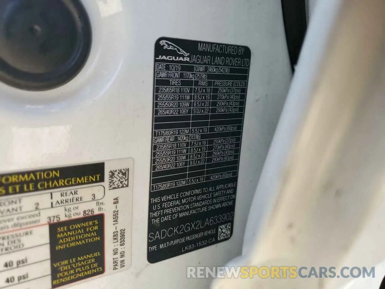 13 Photograph of a damaged car SADCK2GX2LA633902 JAGUAR F-PACE 2020