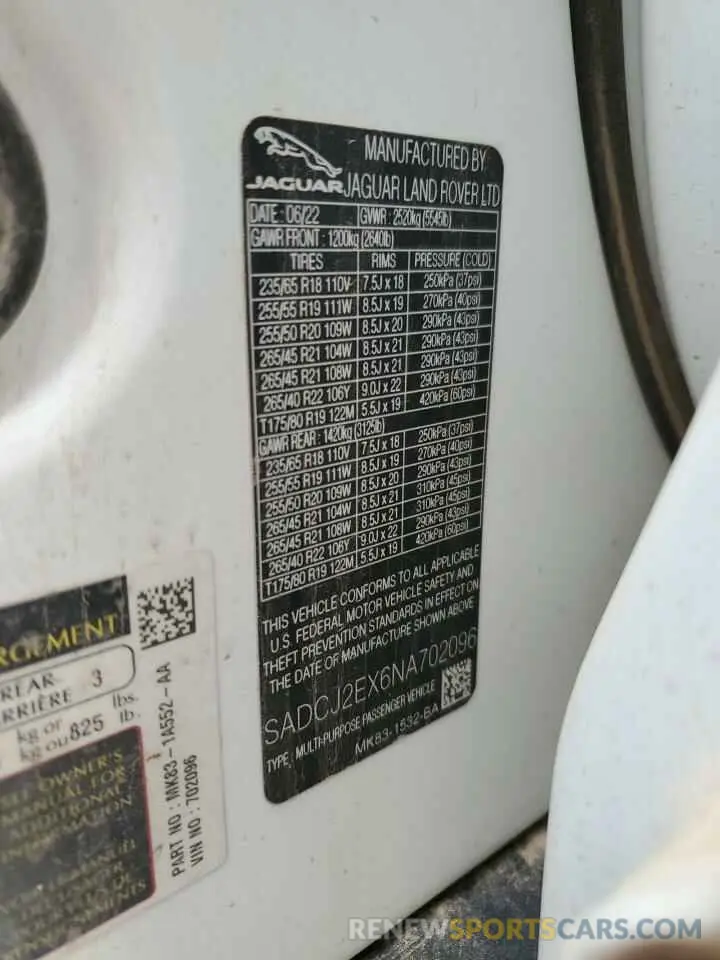 13 Photograph of a damaged car SADCJ2EX6NA702096 JAGUAR F-PACE 2022