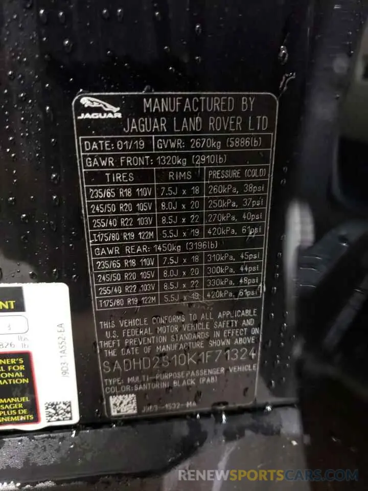 13 Photograph of a damaged car SADHD2S10K1F71324 JAGUAR I-PACE 2019