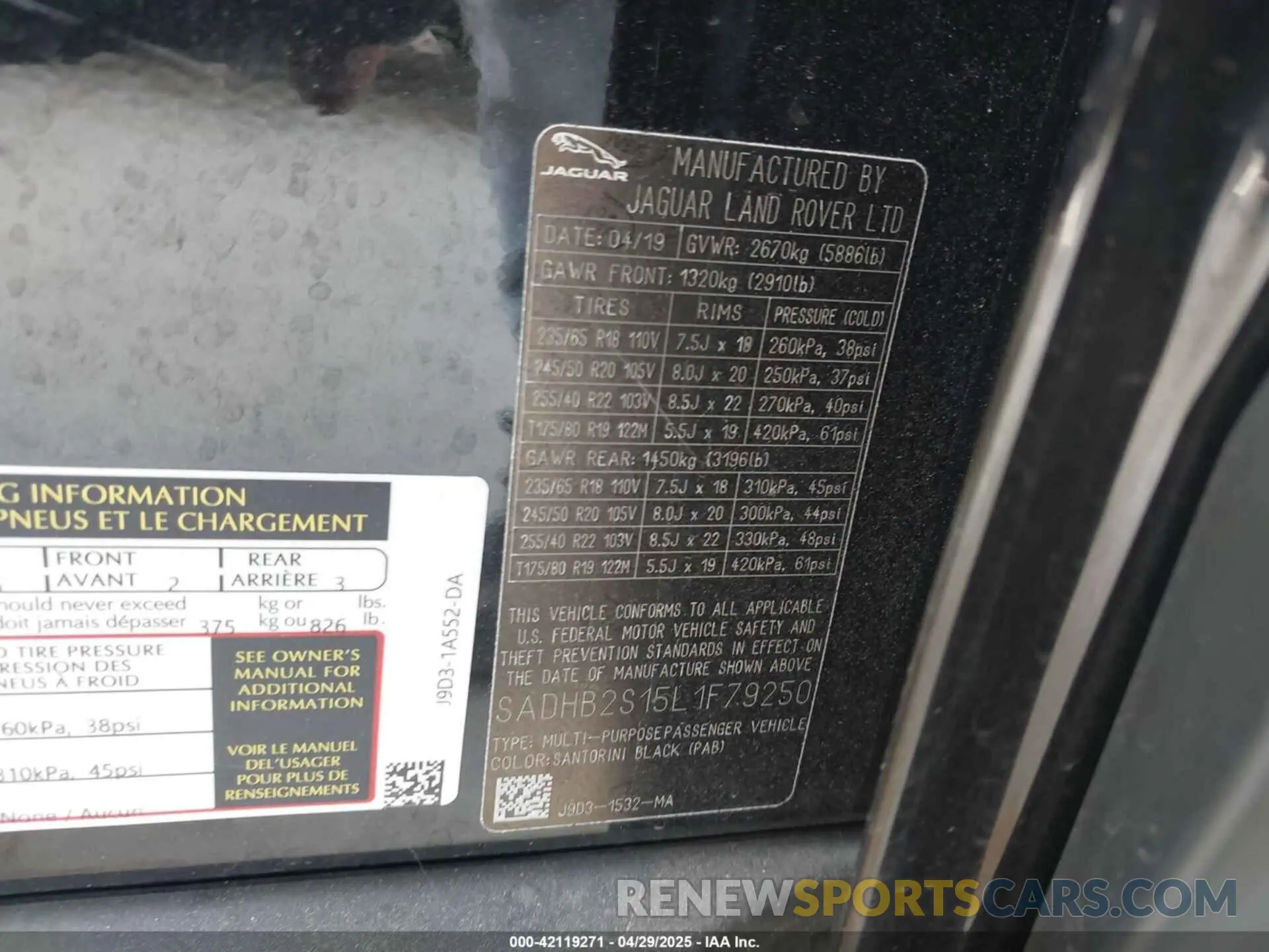 9 Photograph of a damaged car SADHB2S15L1F79250 JAGUAR I-PACE 2020