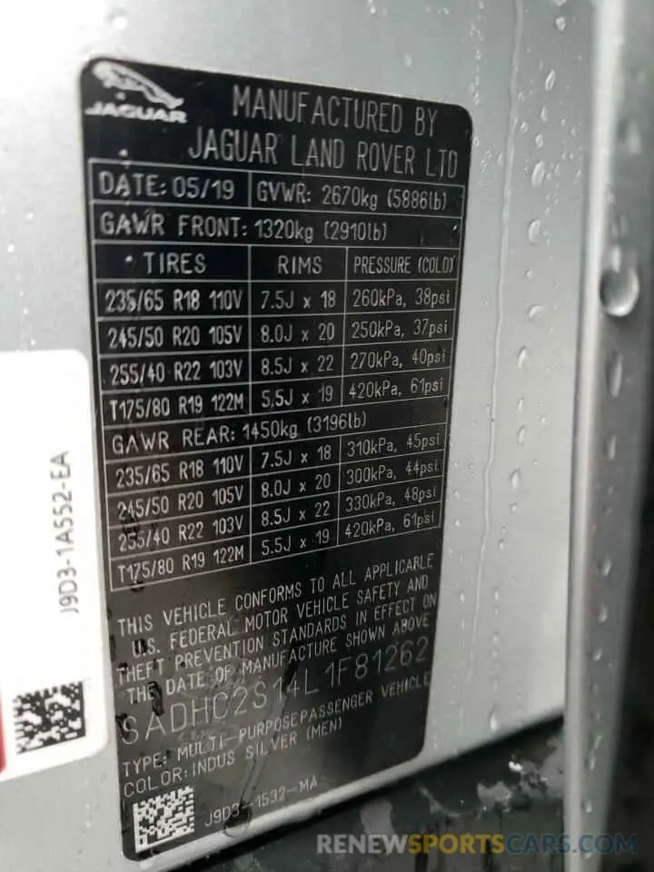 14 Photograph of a damaged car SADHC2S14L1F81262 JAGUAR I-PACE 2020