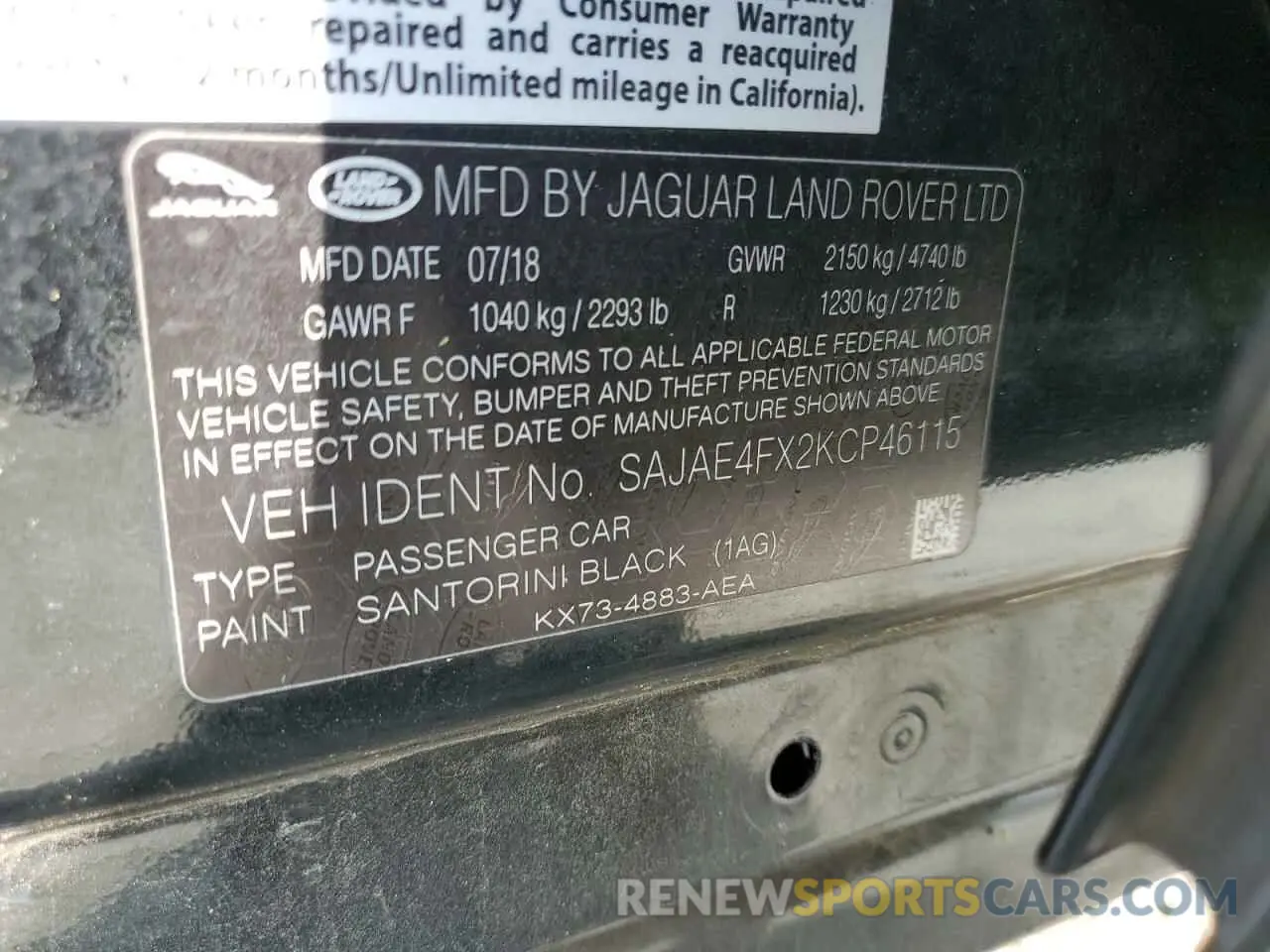 12 Photograph of a damaged car SAJAE4FX2KCP46115 JAGUAR XE 2019