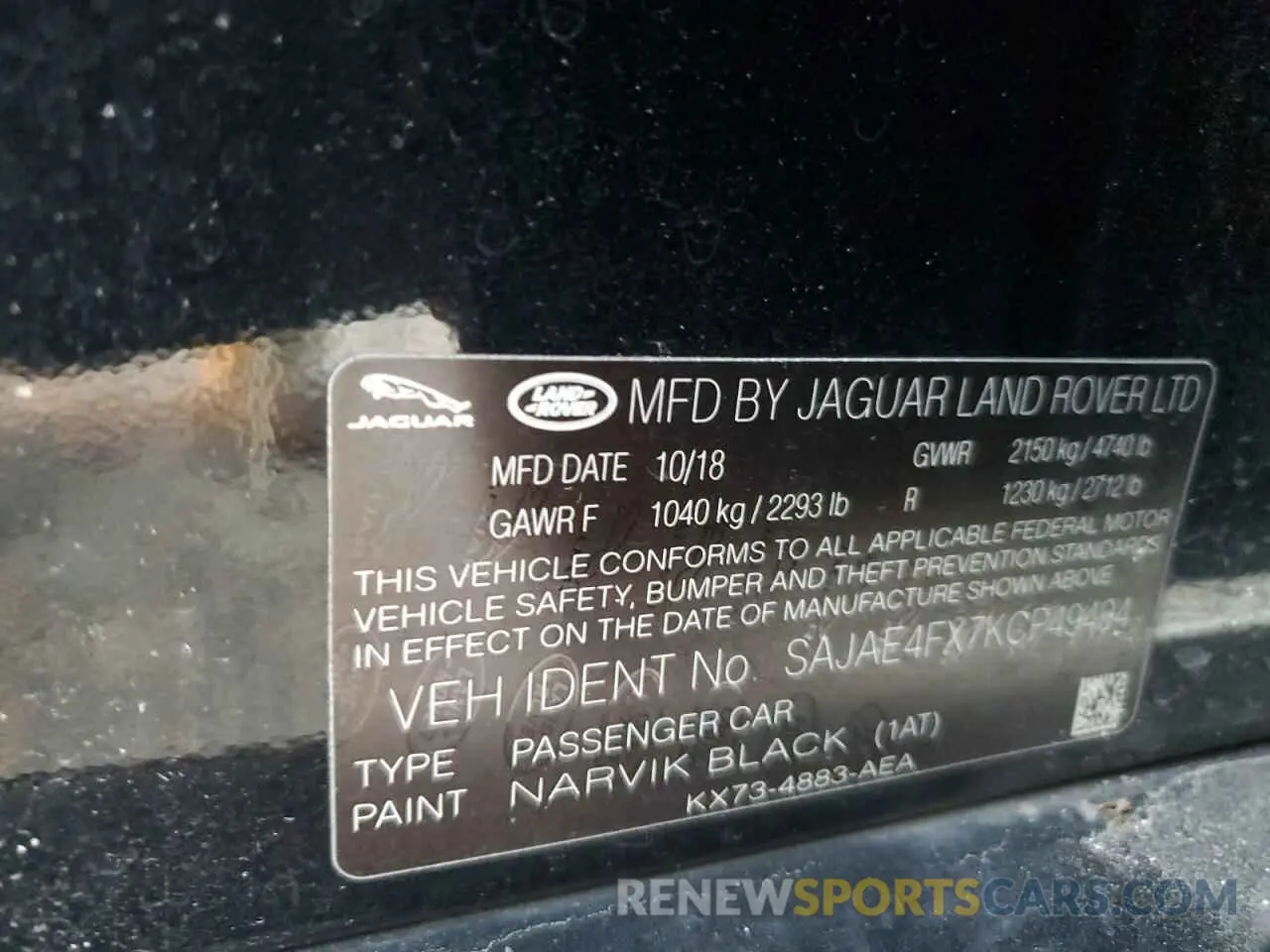 13 Photograph of a damaged car SAJAE4FX7KCP49494 JAGUAR XE 2019